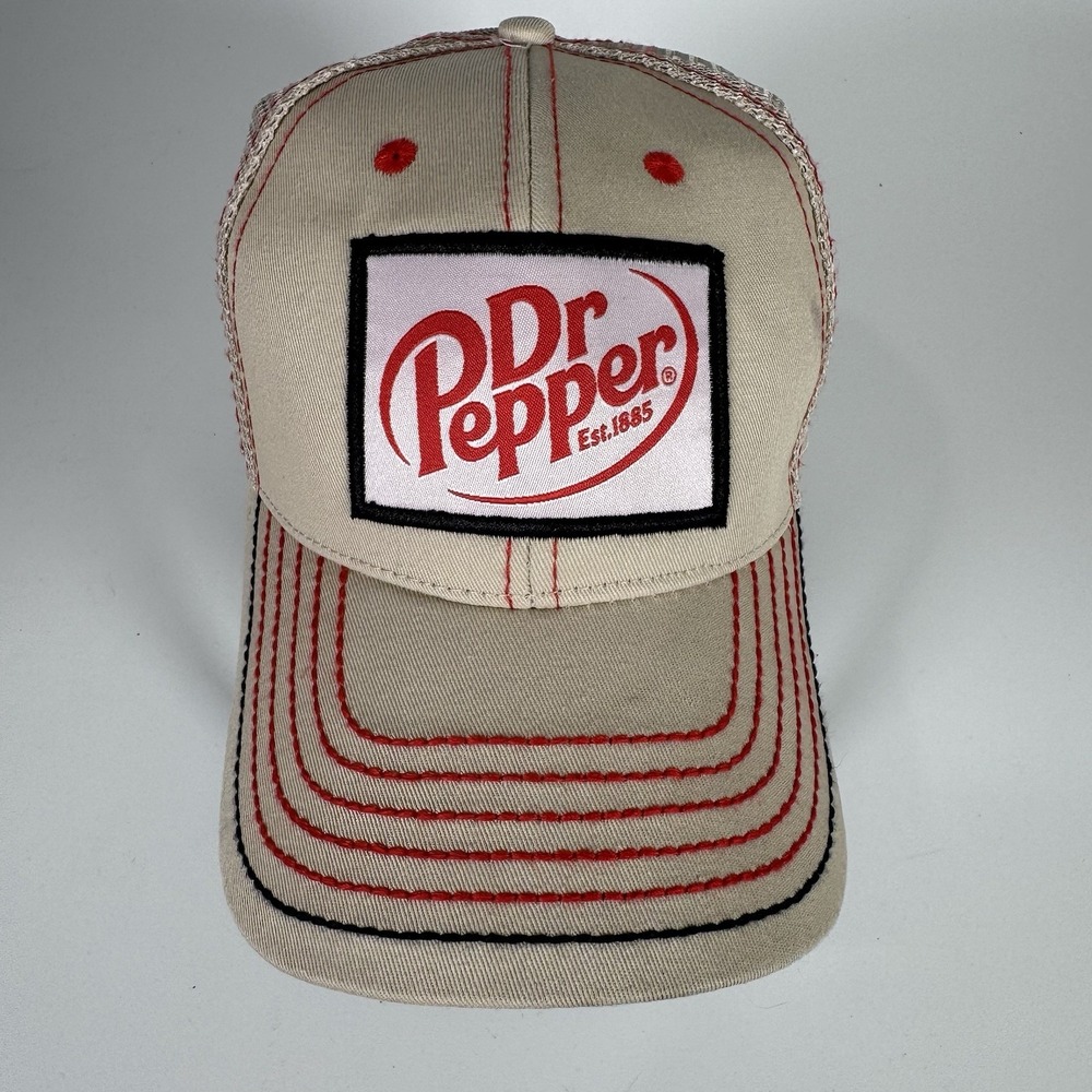 Dr Pepper Trucker Hat Cap Adjustable Snapback Mesh Beige Red Logo Soda Vintage